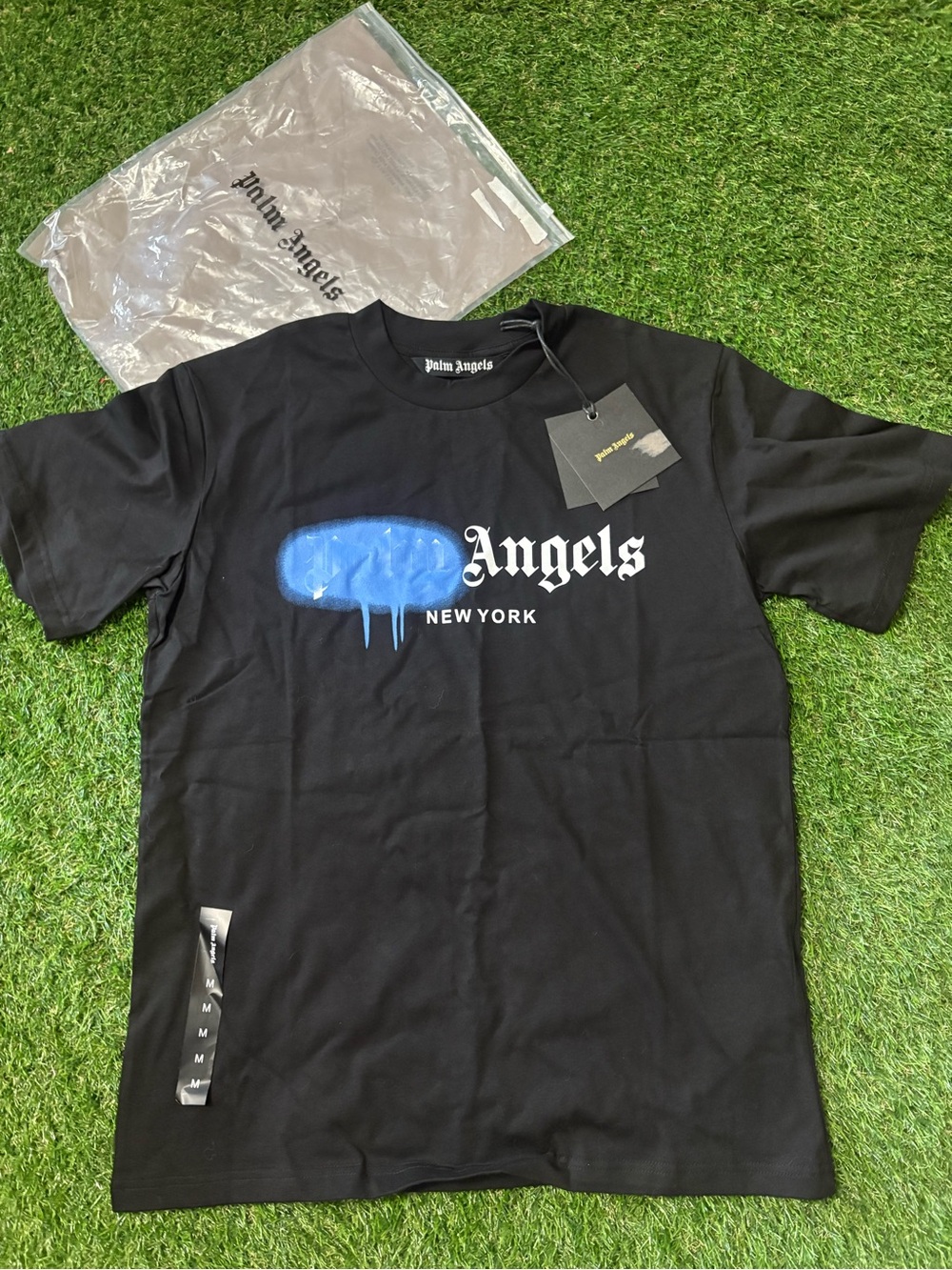 Palm Angels Black Short-Sleeve Tee with Blue Spray Graphic